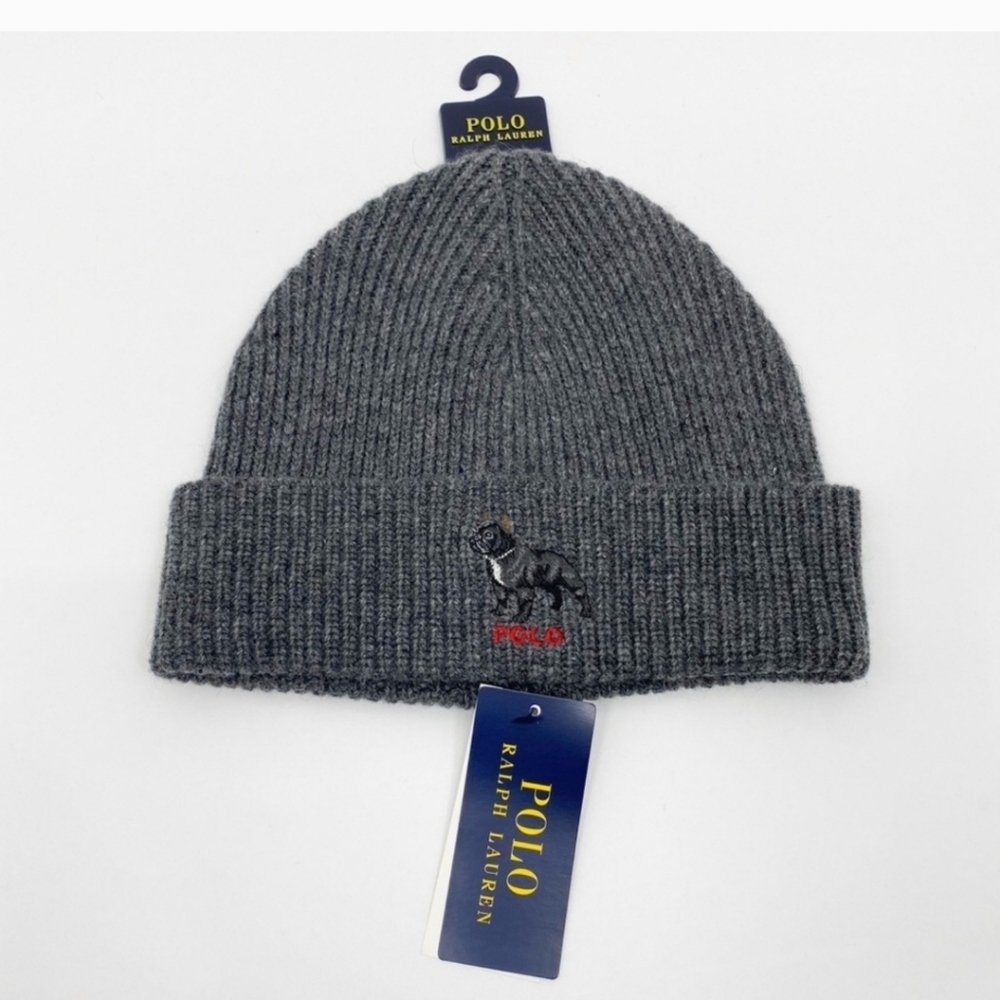 Polo Ralph Lauren Collectable Grey French Bulldog Dog Wool Beanie Hat NWOT